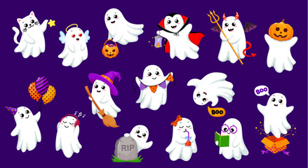 Cartoon kawaii Halloween ghosts characters. Isolated vector set of cute smiling spooks flying, having fun, wear adorable costumes and adding a charming and playful touch to spooky season celebration
