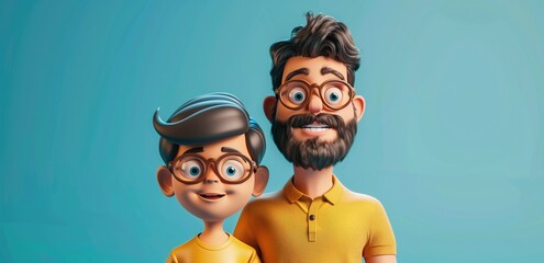 3D cartoon father and son with glasses smiling against a blue background. Concepts of family bonds, happiness, and togetherness.