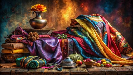 Fototapeta premium richly textured still life composition, featuring colorful fabrics, vibrant hues, and abstract folds, celebrating diversity in cultural heritage