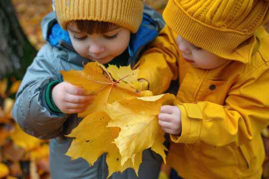 Two children holding yellow maple leaves in autumn, close-up of two boys wearing blue and gray jackets with mustard-colored caps playing outdoors in the park.