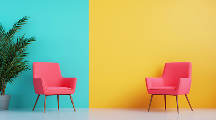 Vibrant interior scene featuring pink chairs against a blue and yellow wall, complemented by a decorative plant.