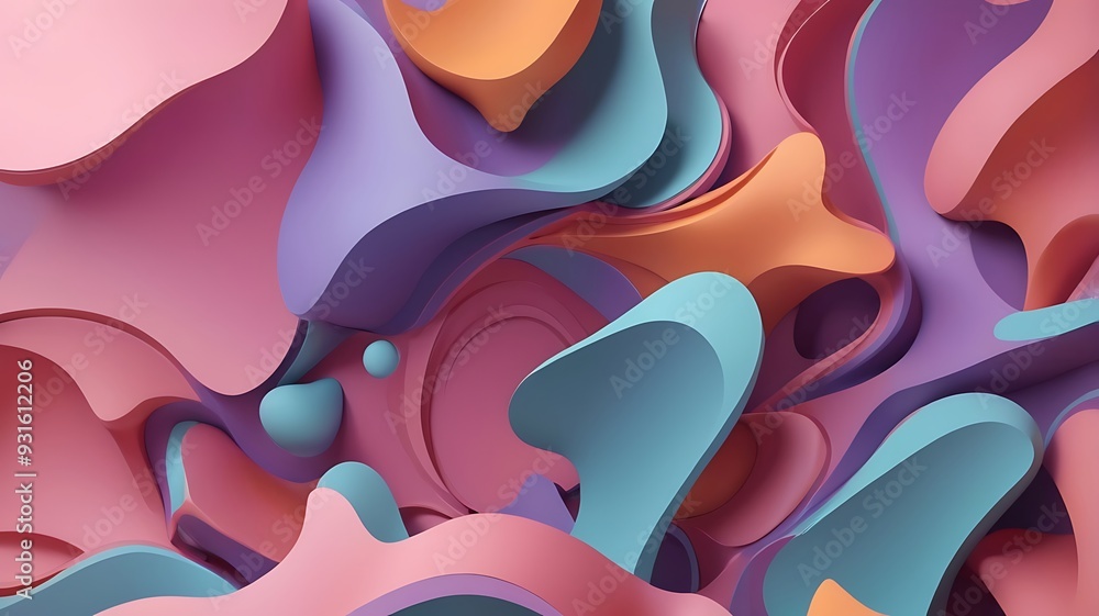 Poster digital abstract artwork featuring a dynamic composition of swirling shapes and spheres, vibrant mix