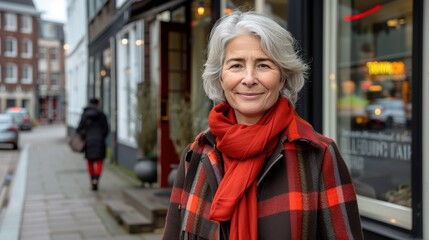 Fototapeta premium A distinguished elderly woman with silver hair and a warm red scarf smiles gently as she stands on a bustling urban street, showcasing modern city life