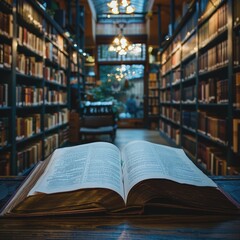 Obraz premium An open book is laid out on a wooden table in the middle of a dimly lit, cozy library aisle with rows of bookshelves filled with books and chandeliers hanging from the ceiling