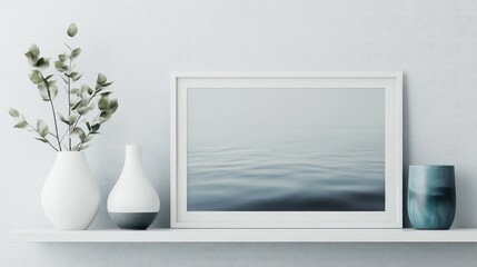 A photograph with a white border displayed on a modern white shelf, showing how borders can create a clean visual presentation.