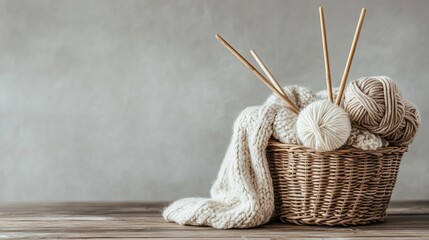 A vintage wicker basket holds vibrant yarn and soft fabrics on a wooden table, creating a cozy atmosphere perfect for knitting enthusiasts