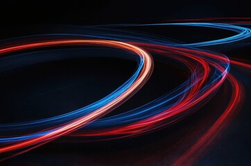 Blue and red light painting photography, long exposure fairy blue and red lights curves and waves against a black background. 