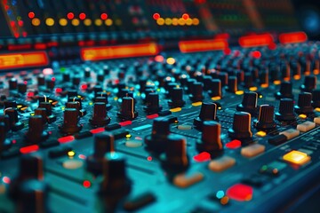 Obraz premium A close-up of a sound mixing console with various knobs and colorful lights, used for audio production.