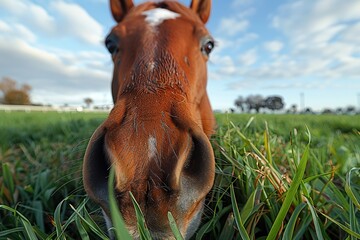 Naklejka premium A close-up view of a curious horse standing in a lush green field under a partly cloudy sky, showing its nose and muzzle prominently against the grass