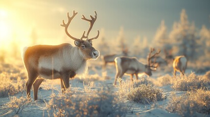 Majestic Reindeer Standing in a Frosty Winter Landscape, Bathed in Soft Golden Sunrise Light, Representing the Beauty of the Arctic Wilderness