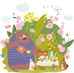 Funny cartoon animals drinking tea in bushes of roses