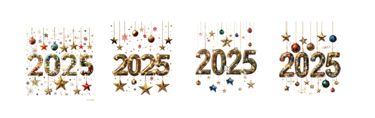 3d elegant golden text 2025 with stars on transparent background