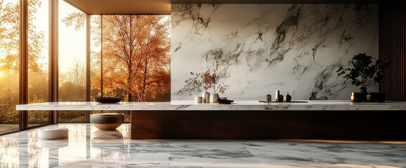 Stylish Marble Tabletop In A Japandi Kitchen, Combining Modern Design With Elegance