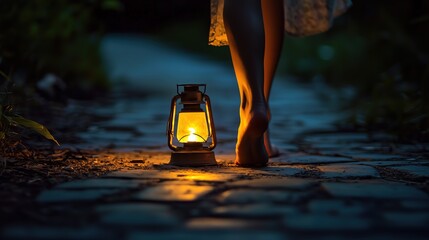 A woman in a white dress walks barefoot at night, illuminating her path with an old lantern.