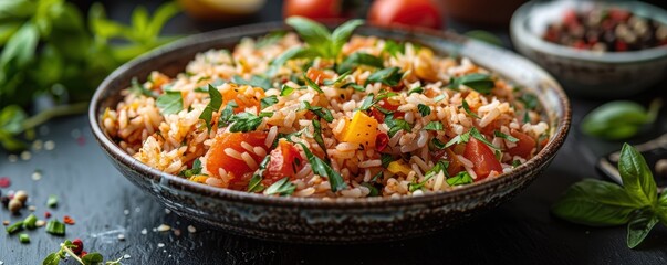Fototapeta premium A beautifully presented bowl of fresh vegetable fried rice, garnished with vibrant herbs and colorful ingredients, sitting on a rustic dark wooden table, ready to be enjoyed