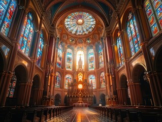 Obraz premium The image showcases the stunning interior of a grand cathedral, illuminated by brilliant, colorful stained glass windows and intricate architectural details basking in warm, natural light