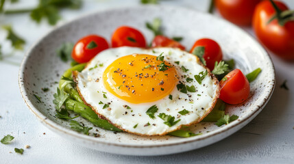 A nutritious sunny-side-up egg with vegetables, perfect for a healthy breakfast. Easy to cook at home, ideal for a diet-friendly brunch menu. --ar 16:9 --v 6.1 Job ID: 803581e9-a9c9-4ea7-bfe9-3bb398d5