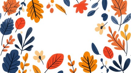 Obraz premium A modern autumn frame with geometric shapes and abstract leaf patterns, in vibrant fall colors, on a white background 
