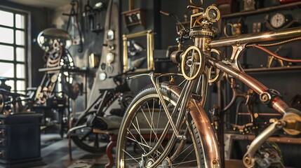 Steam punk bicycle with brass and copper components set against a backdrop of an interior filled with vintage steam punk objects
