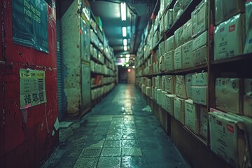 Fototapeta premium A mysterious, narrow, dimly-lit alleyway lined with shelves full of old packages and letters, evoking an atmosphere of untold stories and hidden secrets