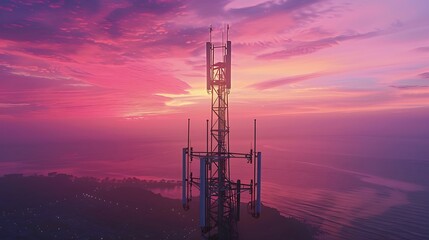 5g sunset cell tower cellular communications tower for mobile phone and video data transmission