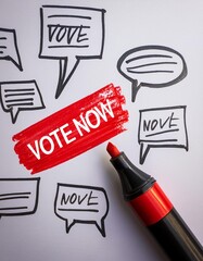 Red 'VOTE NOW' button on a whiteboard with handwritten notes and a marker pen