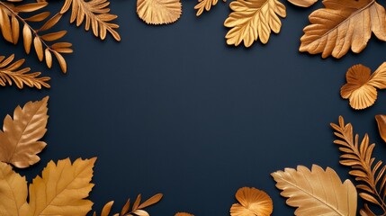 An elegant autumn frame featuring gold and bronze leaves, with delicate swirls and flourishes, on a dark background 