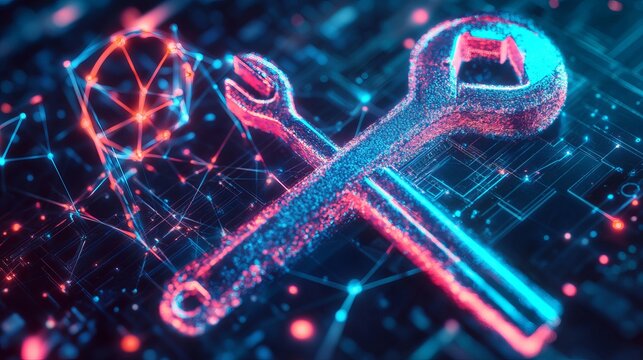 Renovation Repair concept. Tools 3d icon on the abstract human hand made with atom array and plexus effect. Neon lighting, selective focus