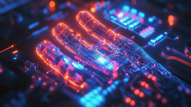 Renovation Repair concept. Tools 3d icon on the abstract human hand made with atom array and plexus effect. Neon lighting, selective focus