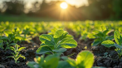 A sunlit agricultural field with thriving young green plants growing in healthy soil, illuminated by the golden morning sunlight, showcasing a vibrant and promising start to the growing season