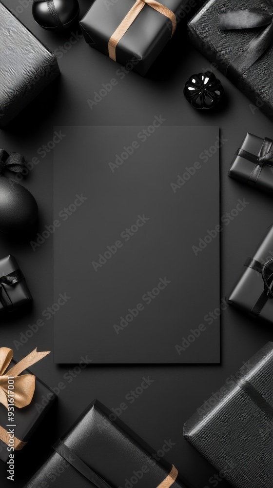 Poster black friday frame with black and silver 3d borders, surrounded by floating shopping icons, empty sp