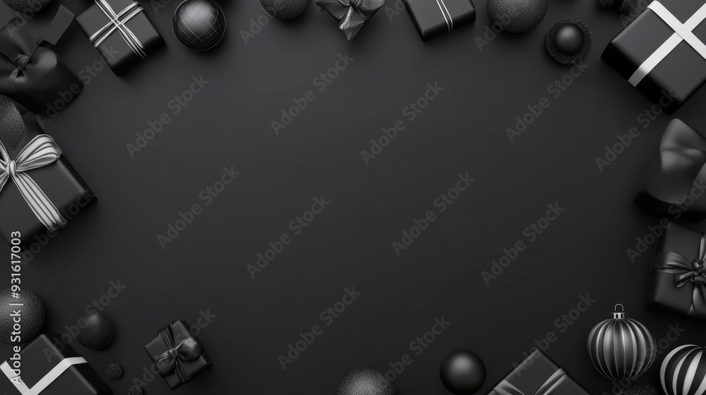 Poster black friday frame with black and silver 3d borders, surrounded by floating shopping icons, empty sp