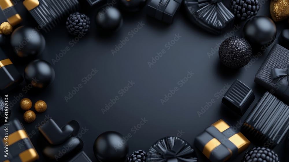 Poster black friday frame with black and silver 3d borders, surrounded by floating shopping icons, empty sp