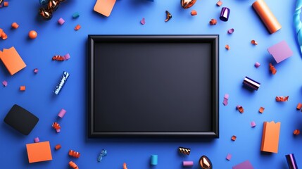 Black Friday frame with bold black borders, surrounded by animated confetti and glowing sale tags, modern design, space for promotional text 