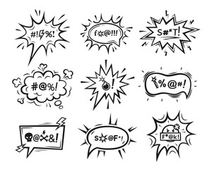 Comic swear speech bubbles. Hate angry talk, aggressive expletive curse. Vector set of clouds with expressive typography symbols. Black dialogue boxes convey intense emotions, aggression and profanity