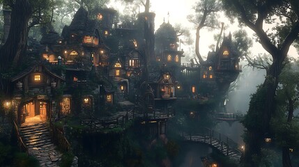 Fototapeta premium A quaint village nestled amongst the trees, illuminated by the warm glow of lanterns.