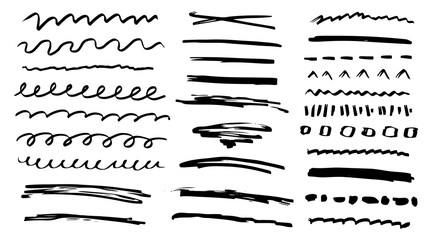 Set of different brush stroke texture. Marker drawing, grunge doodles, charcoal scribbles, brush strokes. Abstract shapes and curves set. Hand drawn pencil doodles.