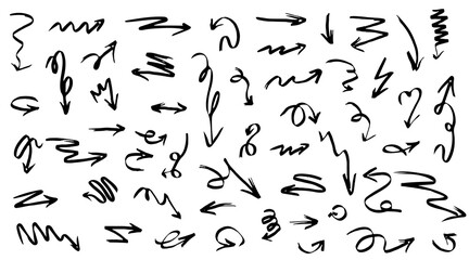 Set of hand drawn various curved lines and arrow curls. Drawing with a marker, different arrows in pen. Isolated vector icons. Outline direction signs