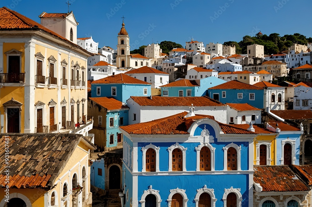 Wall mural facades of the houses, towers and churches of ancient district of pelourinho in the beautiful city o