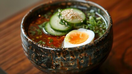a bowl of soup with a boiled egg and cucumber