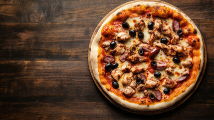 A rustic top view of a pizza topped with chicken, sausages, olives, cheese, and tomato sauce, set on a table with copy space. --ar 16:9 --v 6.1 Job ID: 2be8ecb2-b1e0-47c2-b4d2-314c16b8e109
