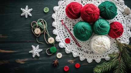 Vibrant red and white yarn balls arranged with green pine branches on a dark wooden surface, leaving ample space for personalized text or creative design