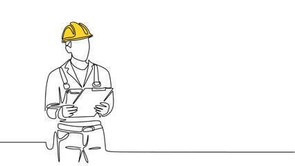 Single continuous line drawing of young construction worker. Building architecture business concept. One line draw design vector	
