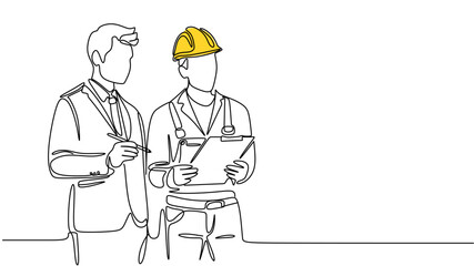 Single continuous line drawing of young construction manager giving instruction to builder coordinator at site meeting. Building architecture business concept. One line draw design vector