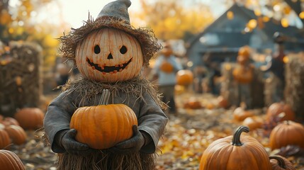 Whimsical Scarecrow with a Carved Pumpkin Head Holding a Pumpkin in a Festive Autumn Harvest Setting, Perfect for Halloween Celebrations