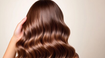 Naklejka premium Closeup of a hand applying a serum to wavy hair, highlighting the smooth, glossy waves that result, white background 