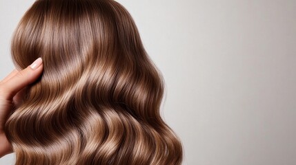 Fototapeta premium Closeup of a hand scrunching wavy hair to enhance the natural texture, showcasing defined, hydrated waves, white background 