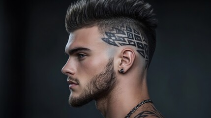 Closeup of a warrior haircut with a bold Mohawk, shaved sides, and intricate patterns carved into the scalp, rugged and fierce look, dark background 