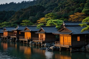 Fototapeta premium Kyoto, Japan at Ine Bay historic funaya boathouses at dusk.