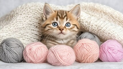 A cute kitten with striking blue eyes plays amongst pink and gray yarn balls on a soft white blanket, showcasing its playful nature